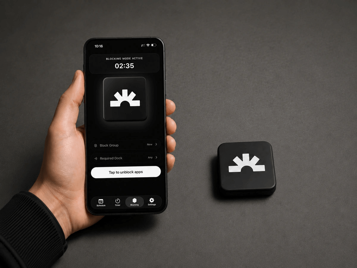 iPhone showing Lumi blocking mode beside a Lumi Dock